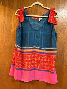 CAbi Blue, Red & Pink Patterned Tie-Shoulder top.